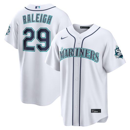 Seattle Mariners Cal Raleigh Nike White Home Stadium 50th Season Patch Jersey