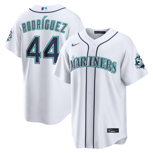 Seattle Mariners Julio Rodríguez Nike White Home Stadium 50th Season Patch Jersey